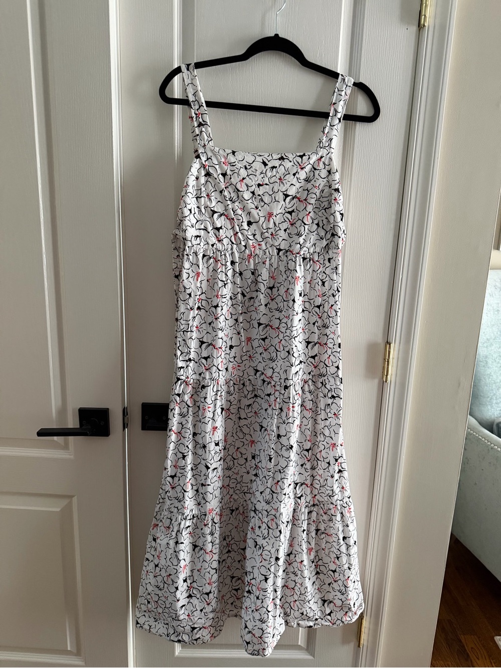Zara White Dress with Black Floral Lines & Red Accents